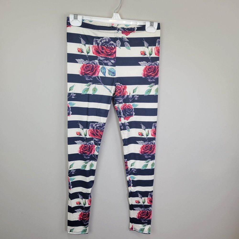 Navy Creme Stripes With Red Gray Roses Polyester‎ Spandex Ankle Leggings OS